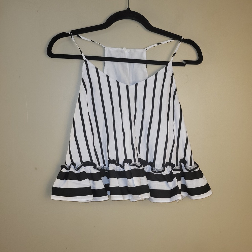 Black White Striped Ruffle Hem Tank Top Womens Spaghetti Strap Cropped Blouse